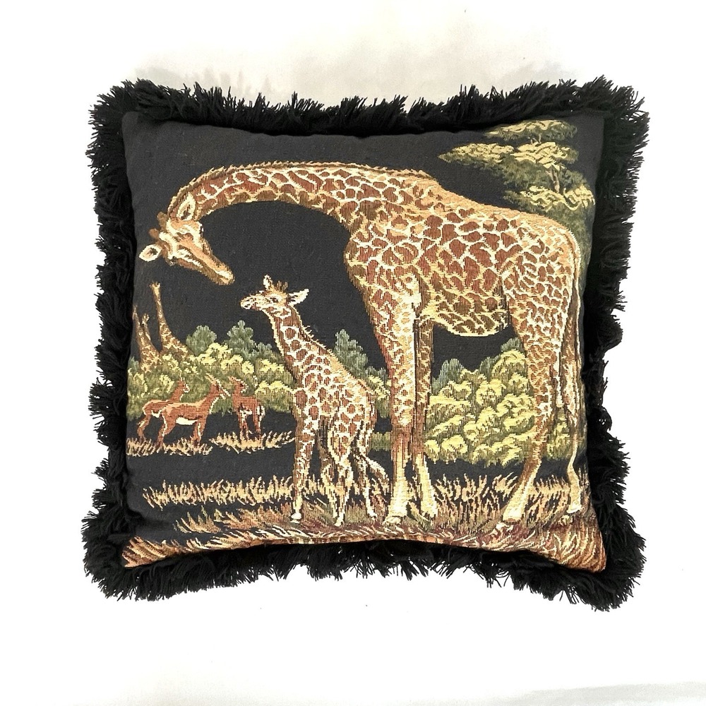 African Safari Giraffe Tapestry Pillow 16x15 Black Fringe Double Sided
